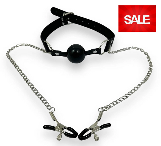 Mouth Ball Gag Choker with Nipple Clamps and Chain - Black Silicone Bondage- IN THE SALE