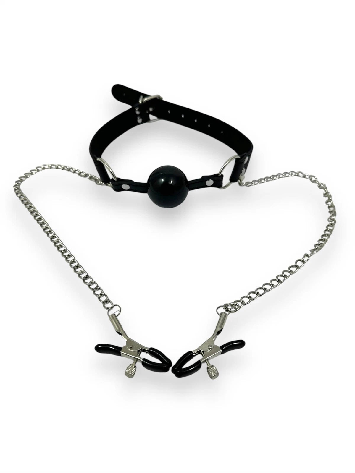 Mouth Ball Gag Choker with Nipple Clamps and Chain - Black Silicone Bondage- IN THE SALE
