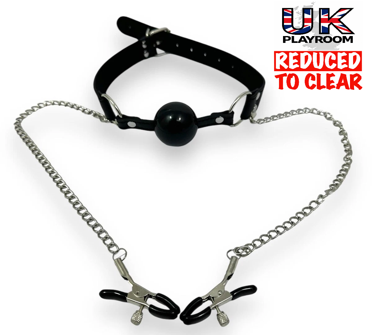 Mouth Ball Gag Choker with Nipple Clamps and Chain - Black Silicone Bondage- IN THE SALE
