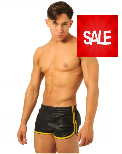 Leather Shorts - Black - Yellow (finest quality leather) SALE