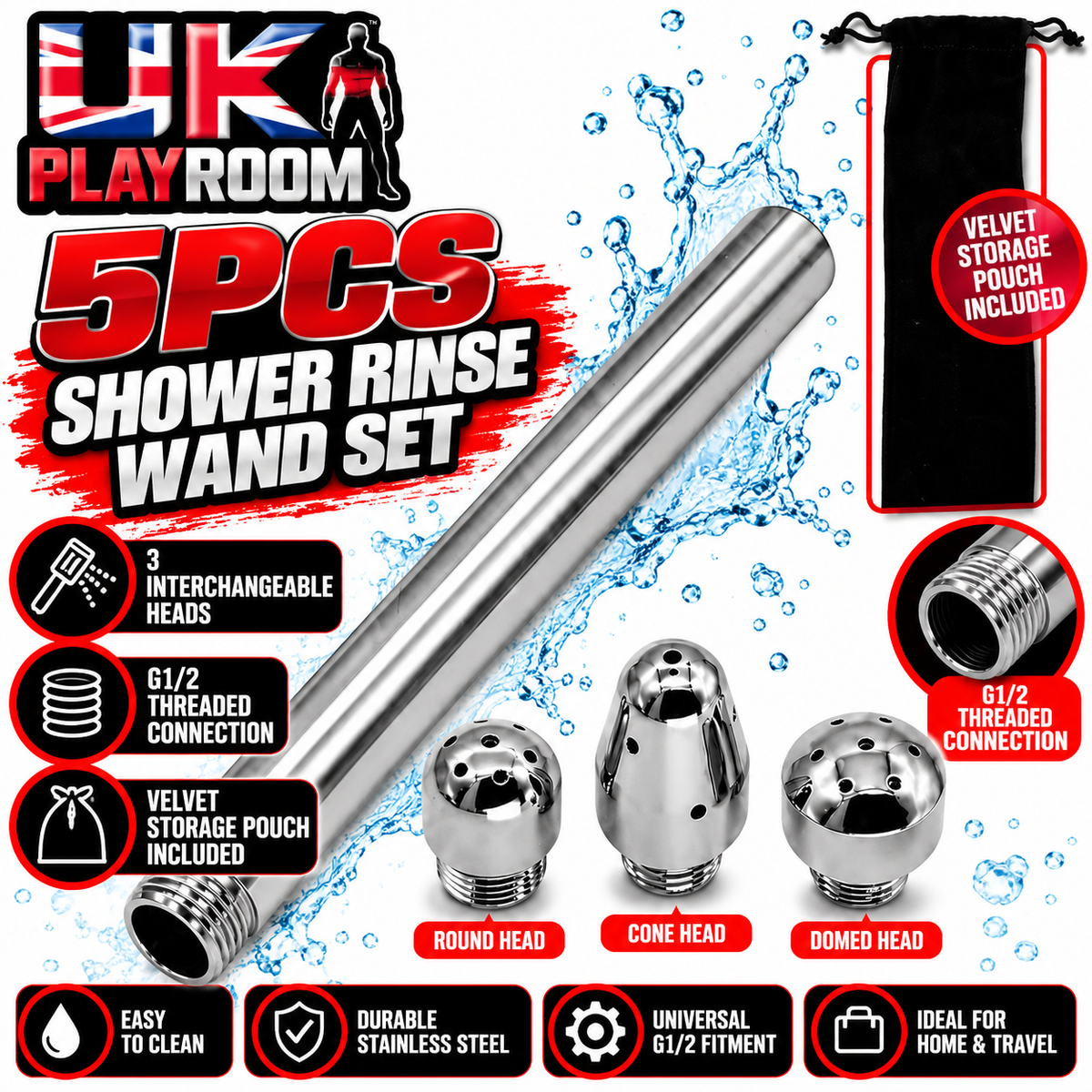 Douche - 5 Piece Shower Rinse Wand Set – 3 Interchangeable Heads